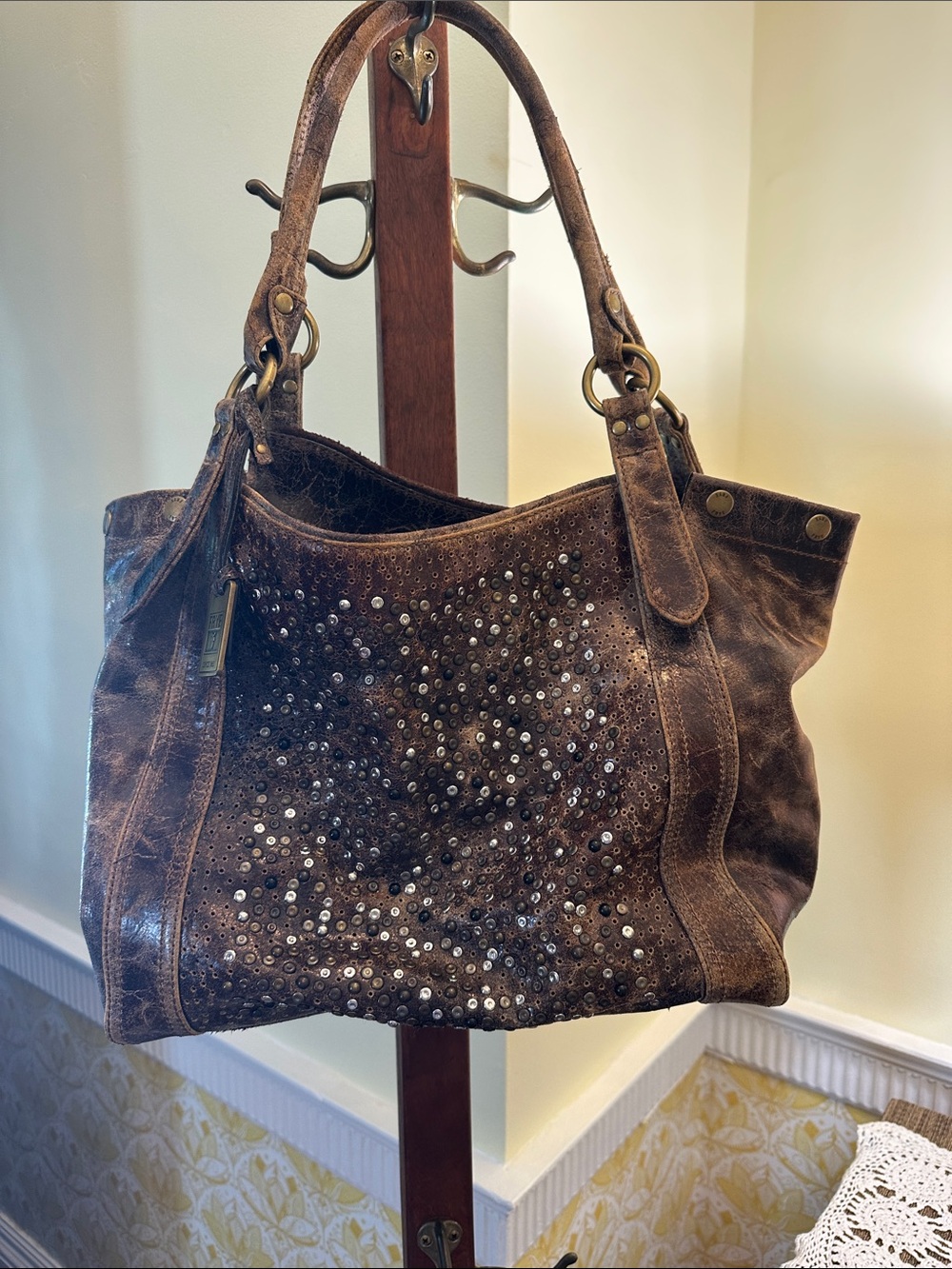 Frye Brown Studded Leather Shoulder Bag